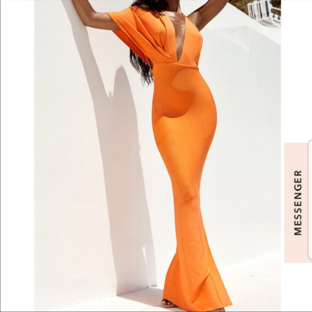 HOUSE OF CB orange scuba material evening gown